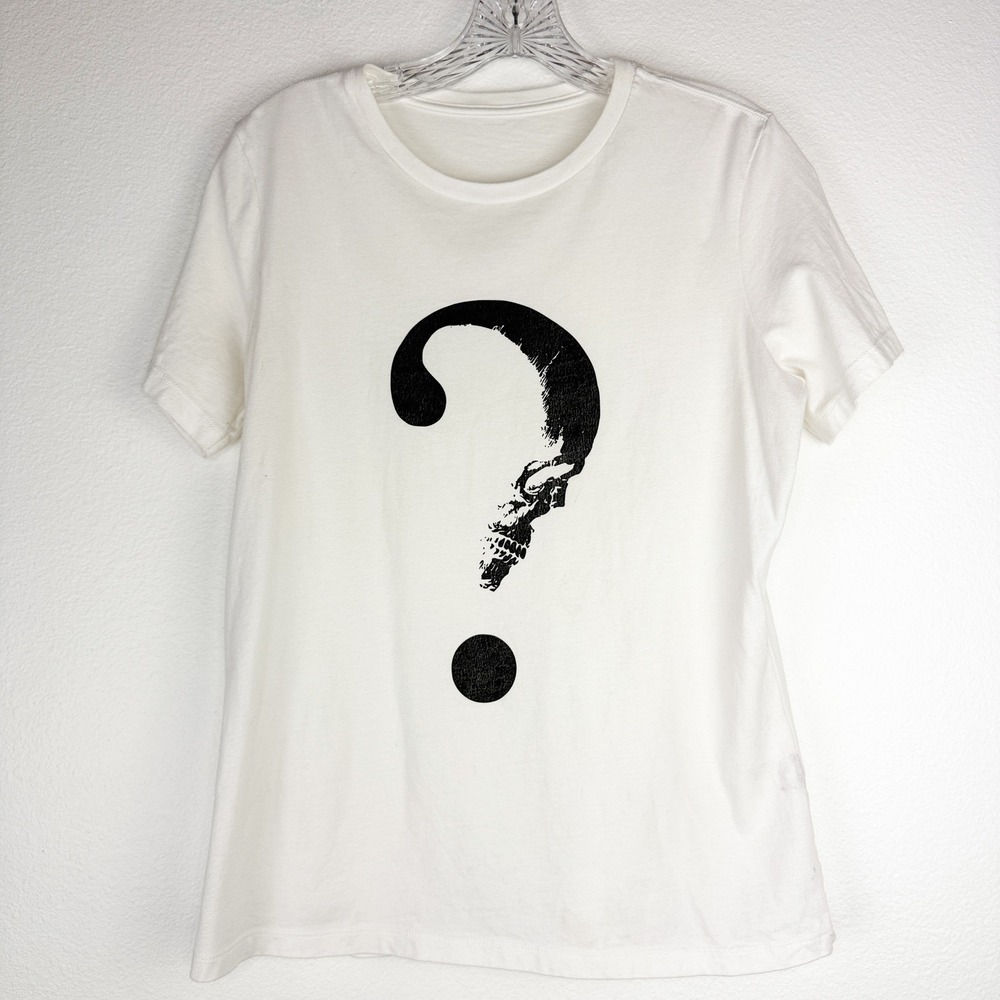 Mens Skull Question Mark Graphic T-Shirt White Short Sleeve Crew Neck Medium
